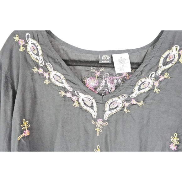 Bila Blouse 1X Sheer Floral Black Sequin Beaded Flare Sleeve Boho Top Women - Picture 2 of 6